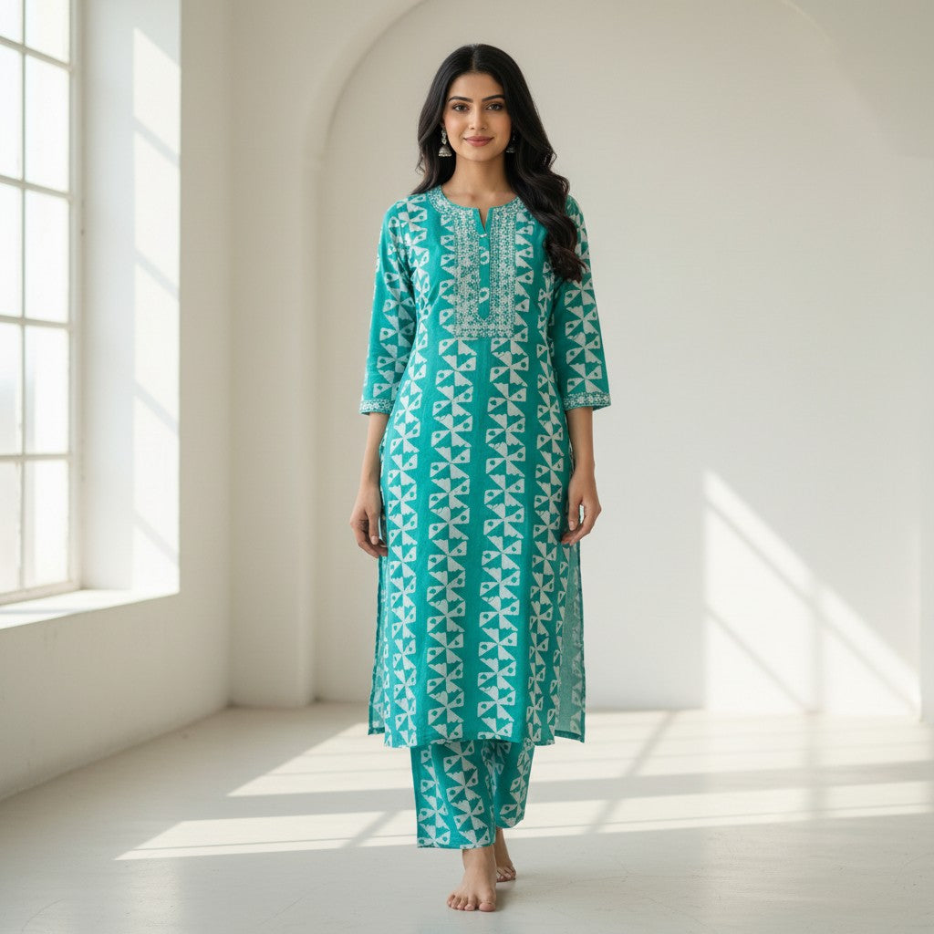 kidshe teal and white geometric print cotton kurti with embroidered neckline and side open detail