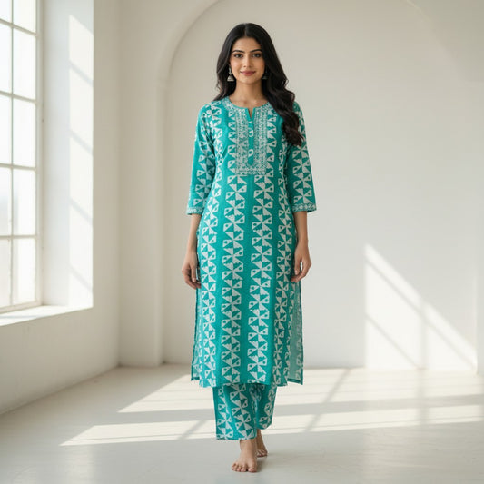 kidshe teal and white geometric print cotton kurti with embroidered neckline and side open detail
