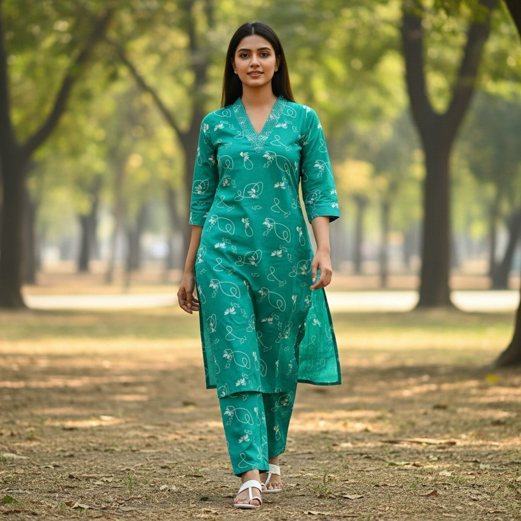kidshe teal green kurta and pants set with white floral print, V-neck, 3/4 sleeves, and side slits.