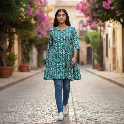 kidshe teal short top with white leaf print, round neck and three-quarter sleeves worn by a woman on a city street.
