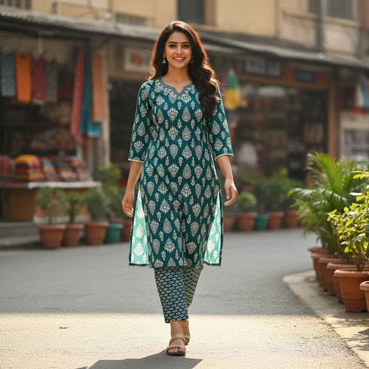 kidshe teal and white paisley print kurta and palazzo set with V-neck and full sleeves