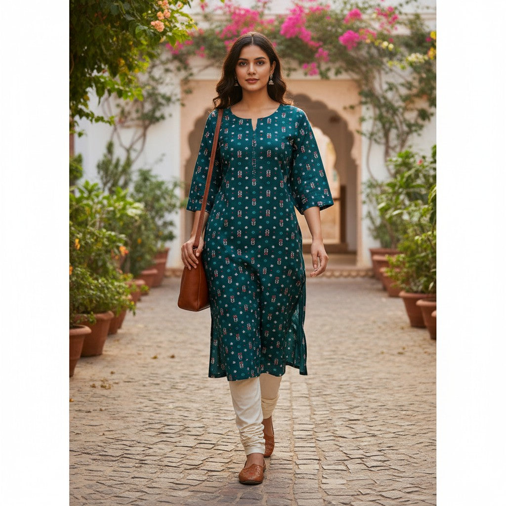 kidshe women's teal printed cotton kurti with 3/4 sleeves and side slits, paired with cream leggings.