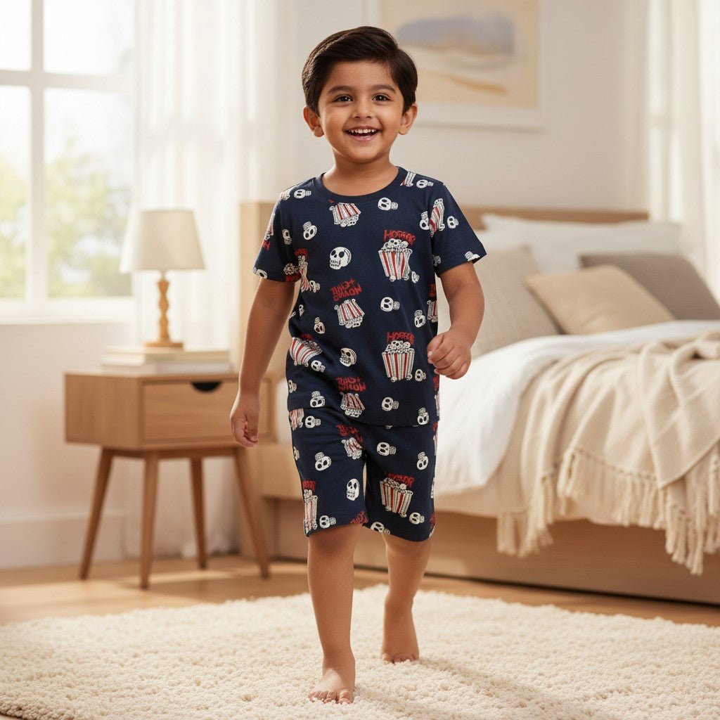 kidshe toddler boy coord set in navy blue with popcorn and skull print, featuring a short-sleeve top and shorts.