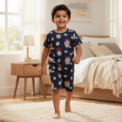 kidshe toddler boy coord set in navy blue with popcorn and skull print, featuring a short-sleeve top and shorts.