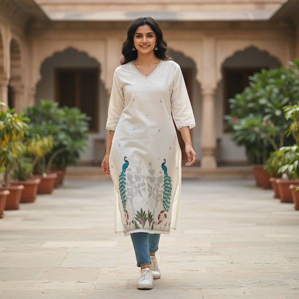 kidshe white kurta with embroidered peacock design and beaded neckline