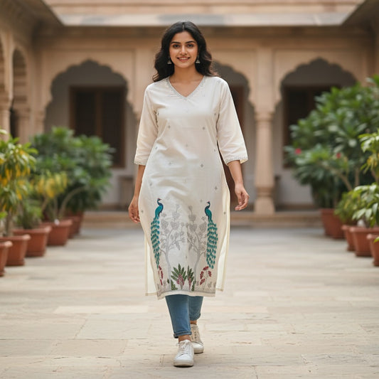 kidshe white kurta with embroidered peacock design and beaded neckline