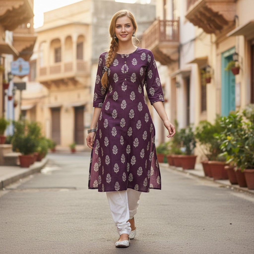 kidshe wine-colored cotton kurti with white leaf print and button-up neckline
