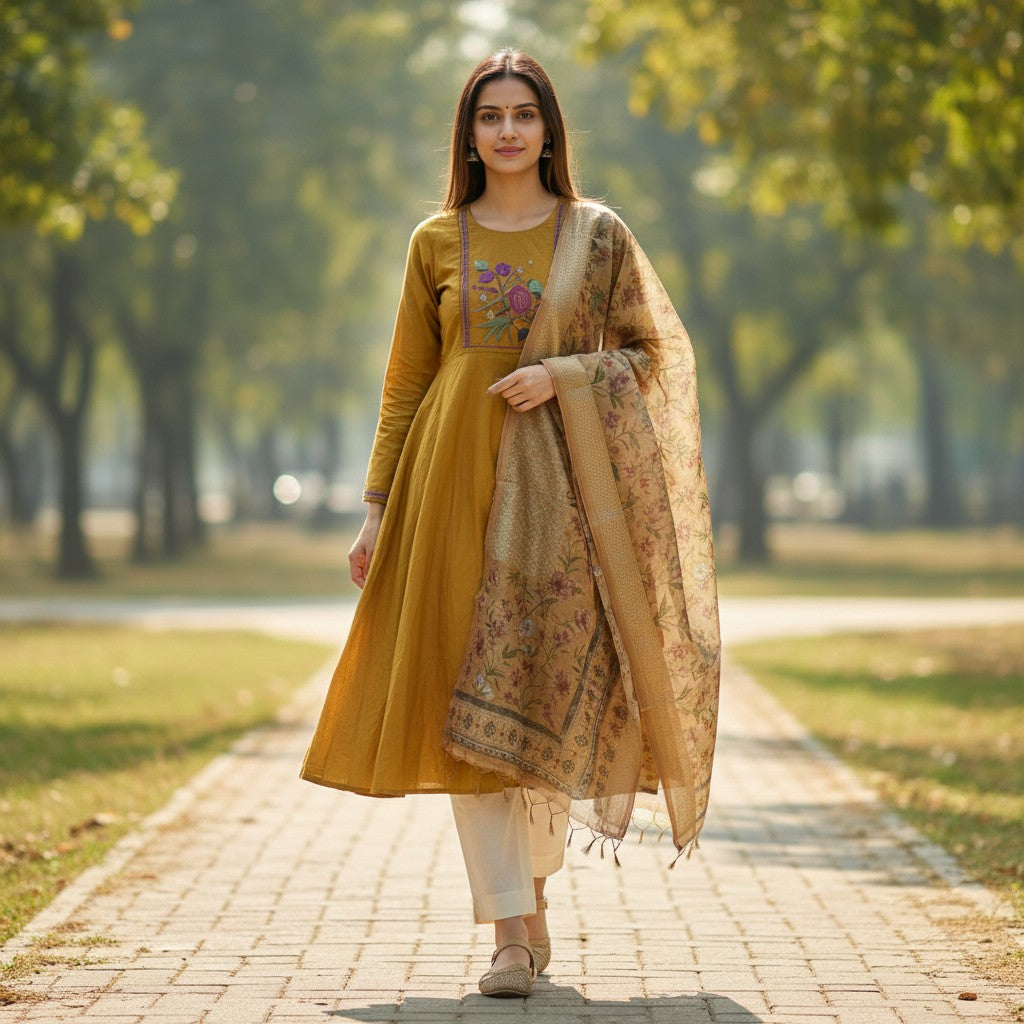 kidshe yellow anarkali dress with floral embroidery and matching dupatta worn by a woman in a park