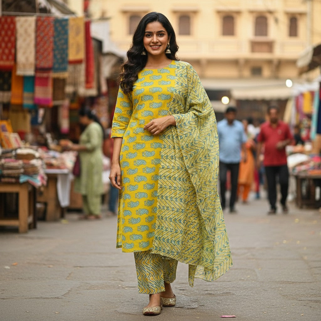kidshe 3 pc yellow cotton kurta with blue paisley print, matching pants and dupatta with geometric print.