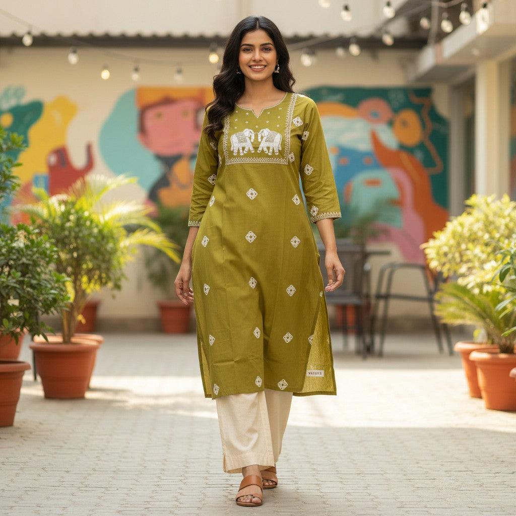 kidshe yellow kurta with white elephant embroidery and diamond pattern