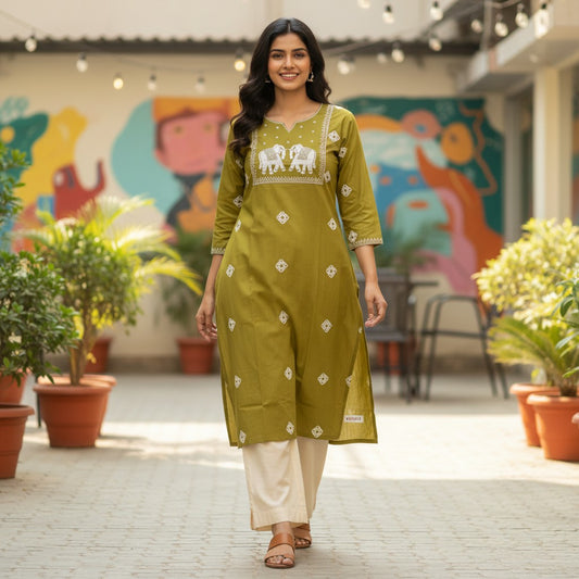 kidshe yellow kurta with white elephant embroidery and diamond pattern