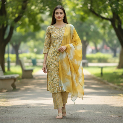 kidshe yellow paisley print cotton kurta with matching pants and tie-dye dupatta